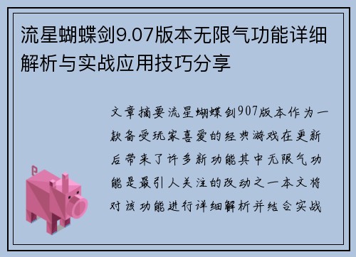 流星蝴蝶剑9.07版本无限气功能详细解析与实战应用技巧分享